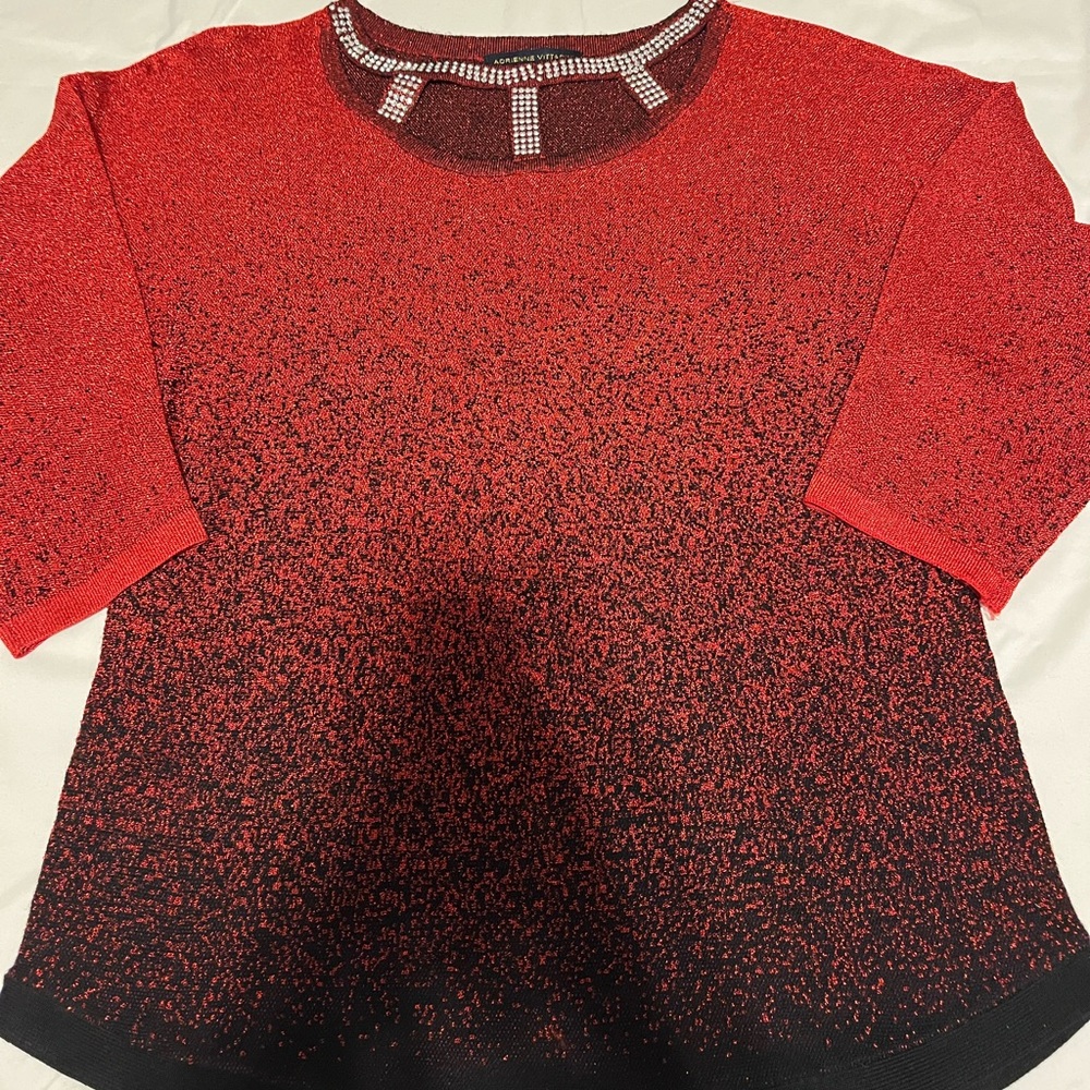 Adrienne Vittadini Red and Black Blouse with Beaded Neckline